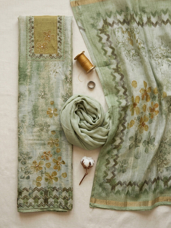 Printed Linen Blend Unstitched Suit With Pant &amp; Dupatta