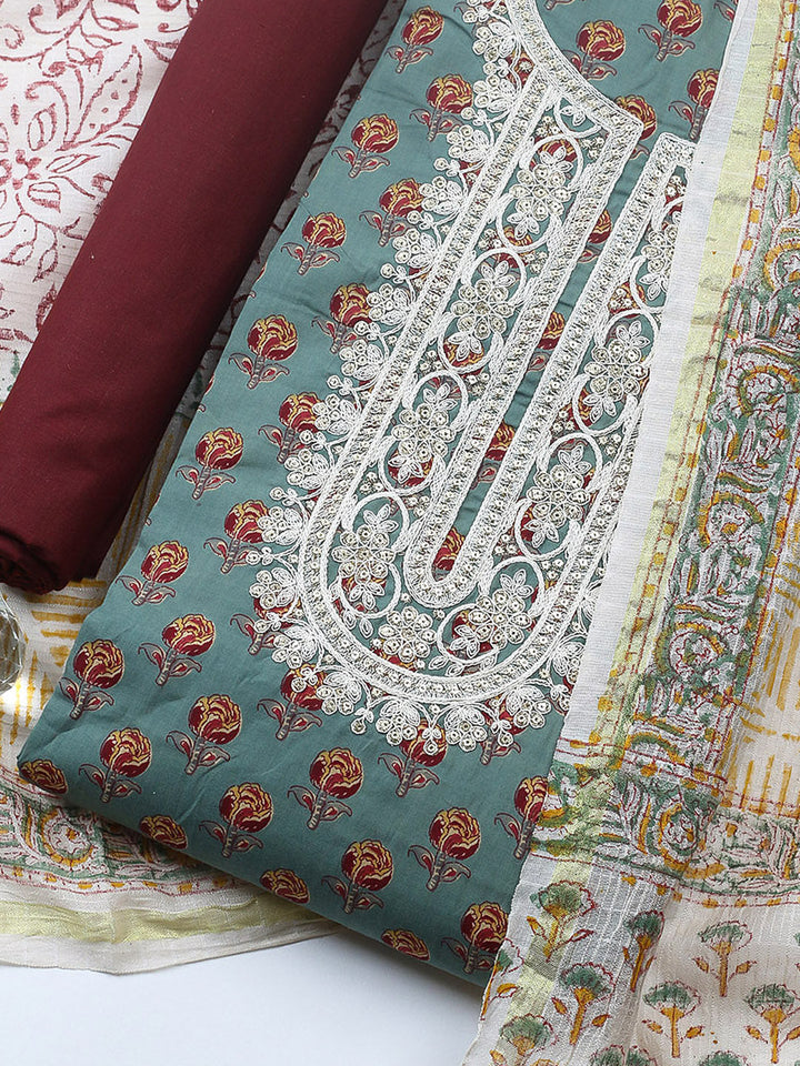 Printed Cotton Blend Unstitched Suit With Pant &amp; Dupatta