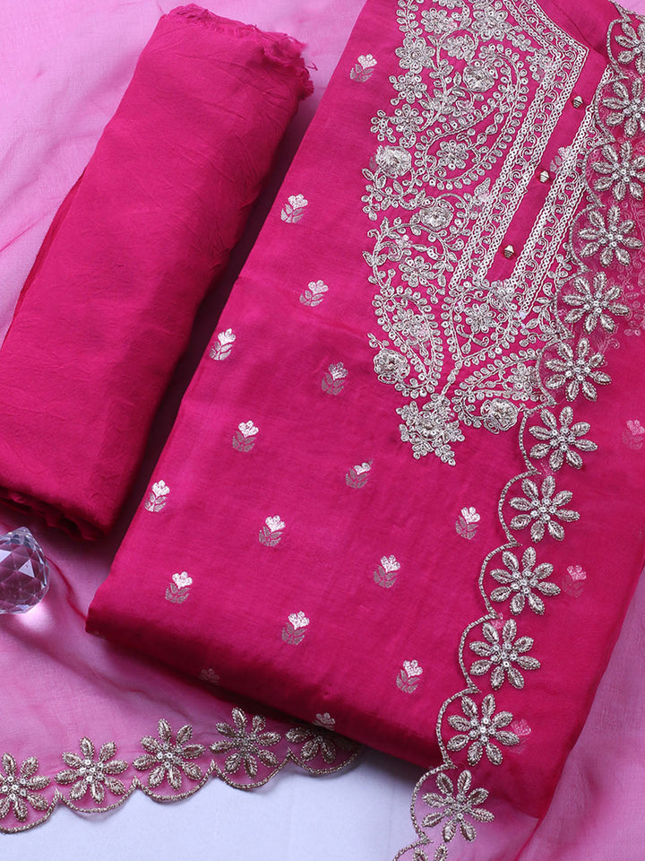 Embroidered Chanderi Unstitched Suit With Pant &amp; Dupatta