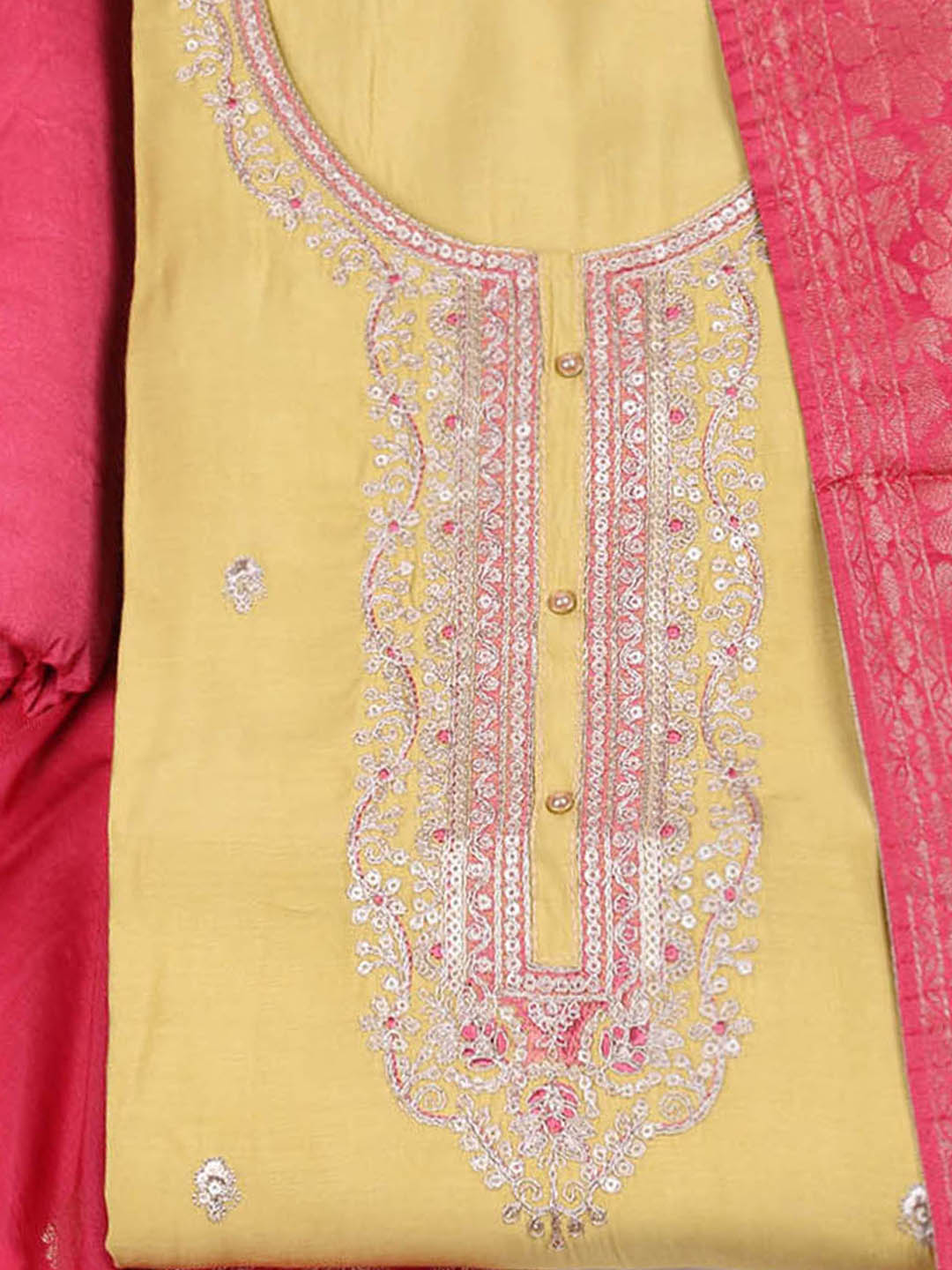 Embroidered Chanderi Mehndi Unstitched Suit With Pant &amp; Dupatta