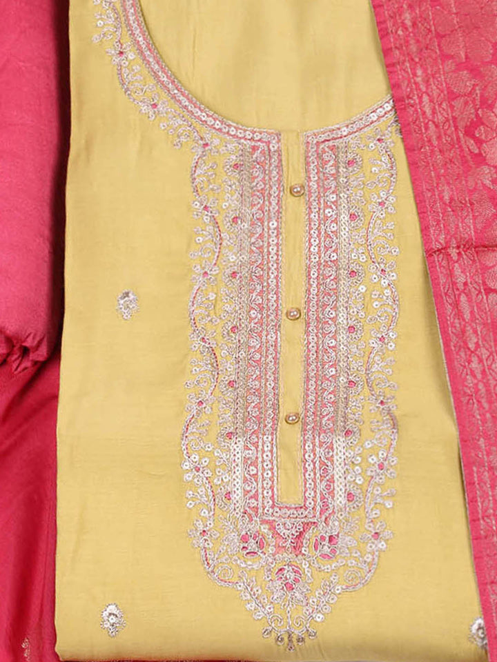 Embroidered Chanderi Mehndi Unstitched Suit With Pant &amp; Dupatta