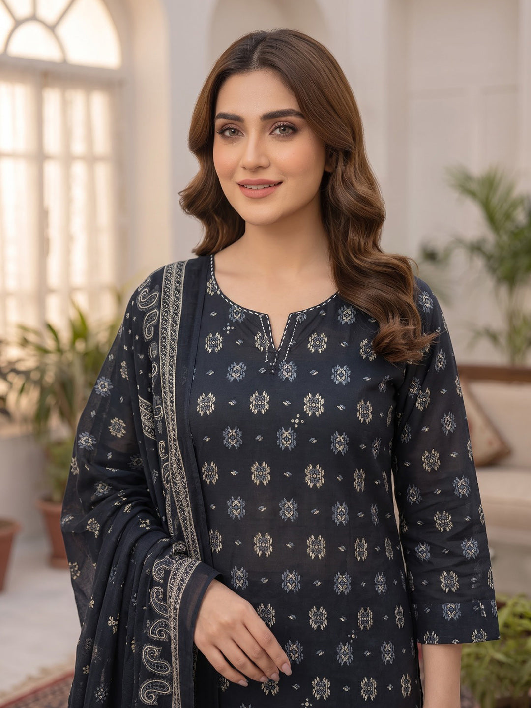Black Printed Cotton Blend Kurta With Pant &amp; Dupatta