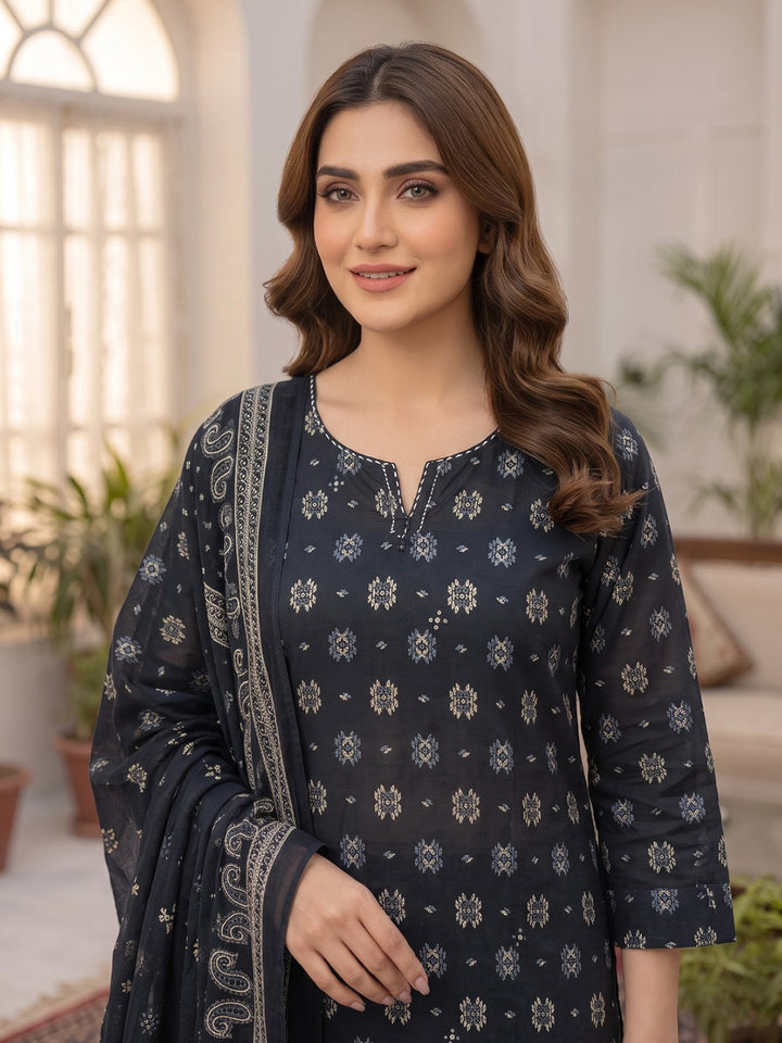 Black Printed Cotton Blend Kurta With Pant &amp; Dupatta