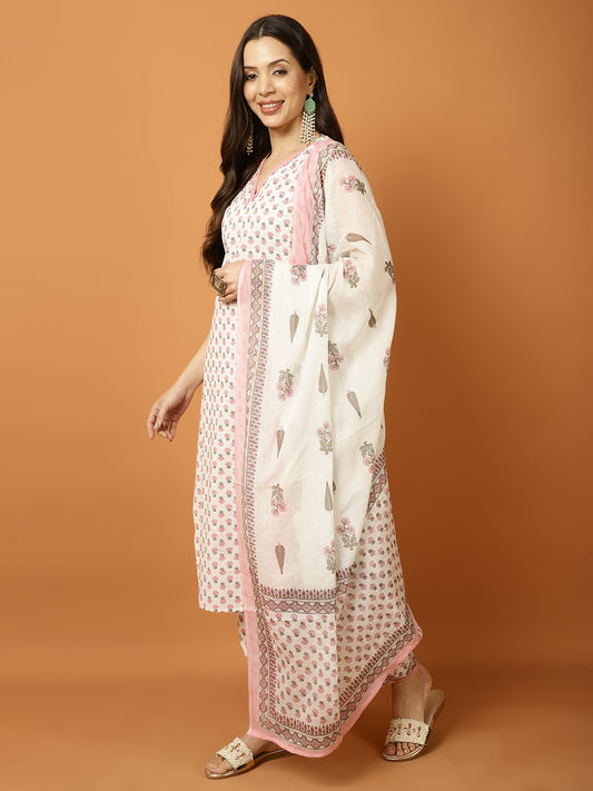 Printed Cotton Blend Suit Set with Dupatta