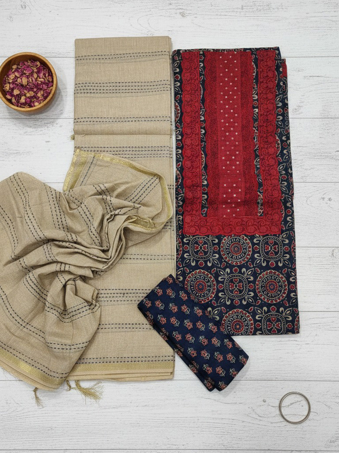 Printed Cotton Blend Unstitched Suit With Pant &amp; Dupatta