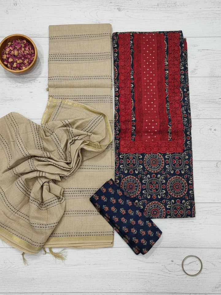 Printed Cotton Blend Unstitched Suit With Pant &amp; Dupatta