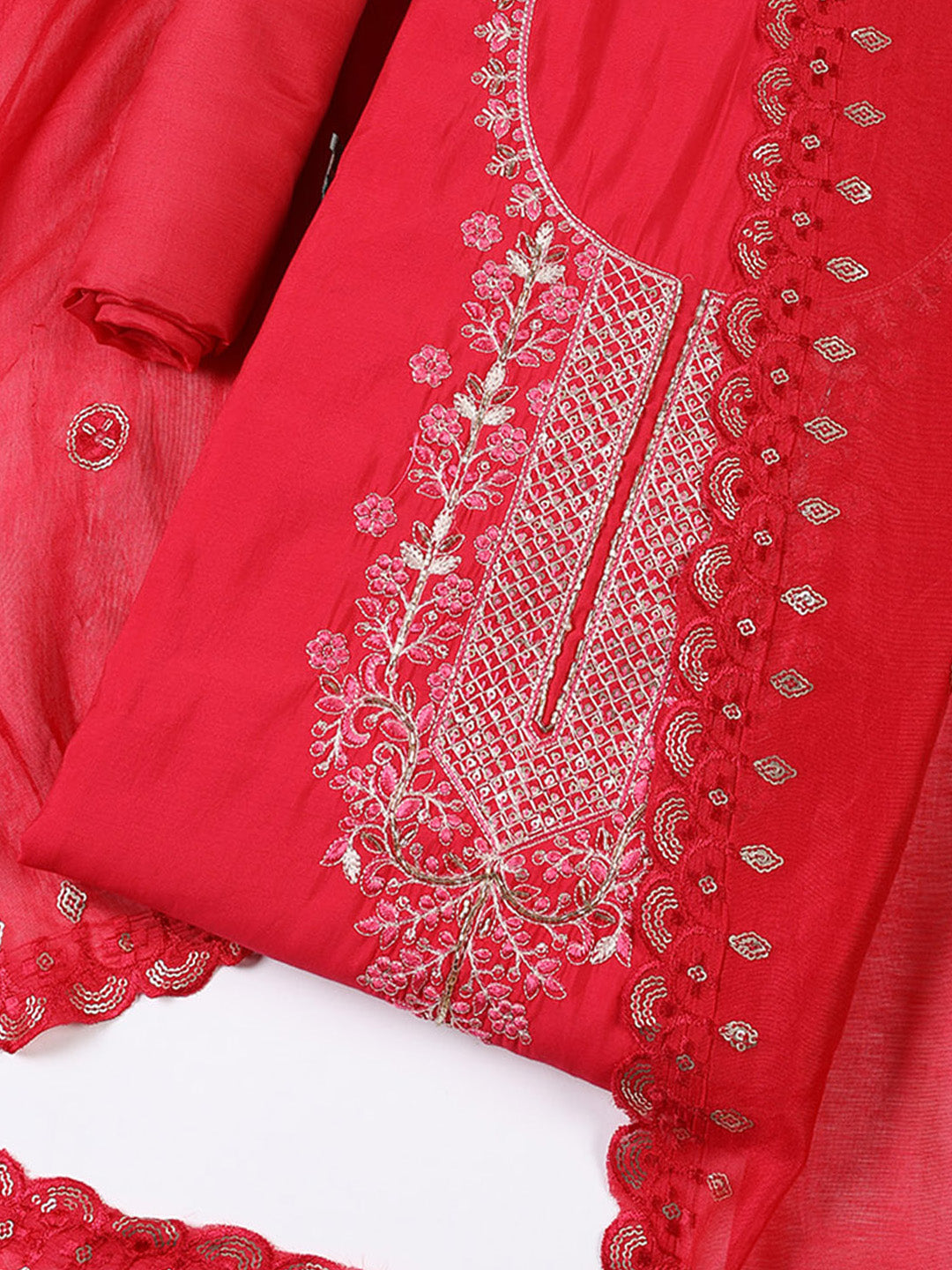 Neck Embroidered Chanderi Unstitched Suit With Dupatta