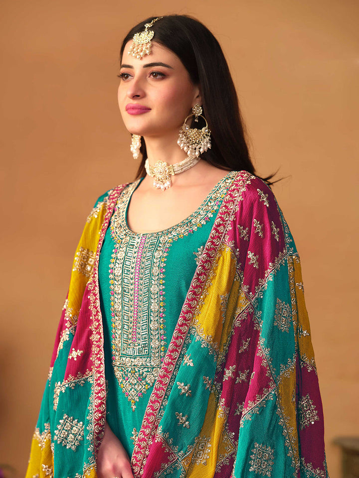 Embroidered Chinnon Silk Semi Stitched Kurta With Pant &amp; Dupatta