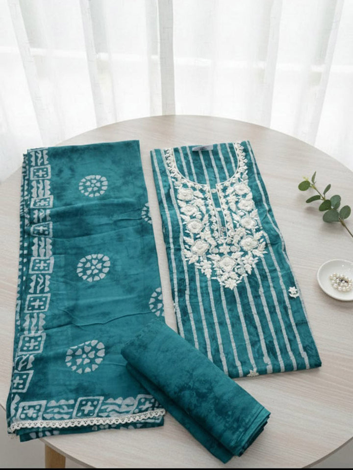 Printed Cotton Blend Unstitched Suit With Pant &amp; Dupatta