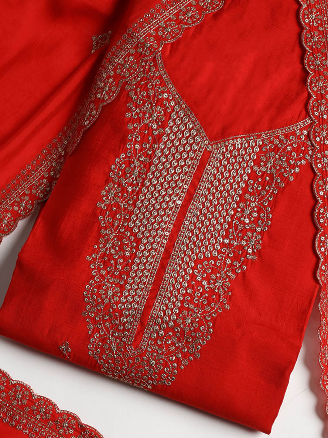Neck Embroidered Chanderi Unstitched Suit With Dupatta