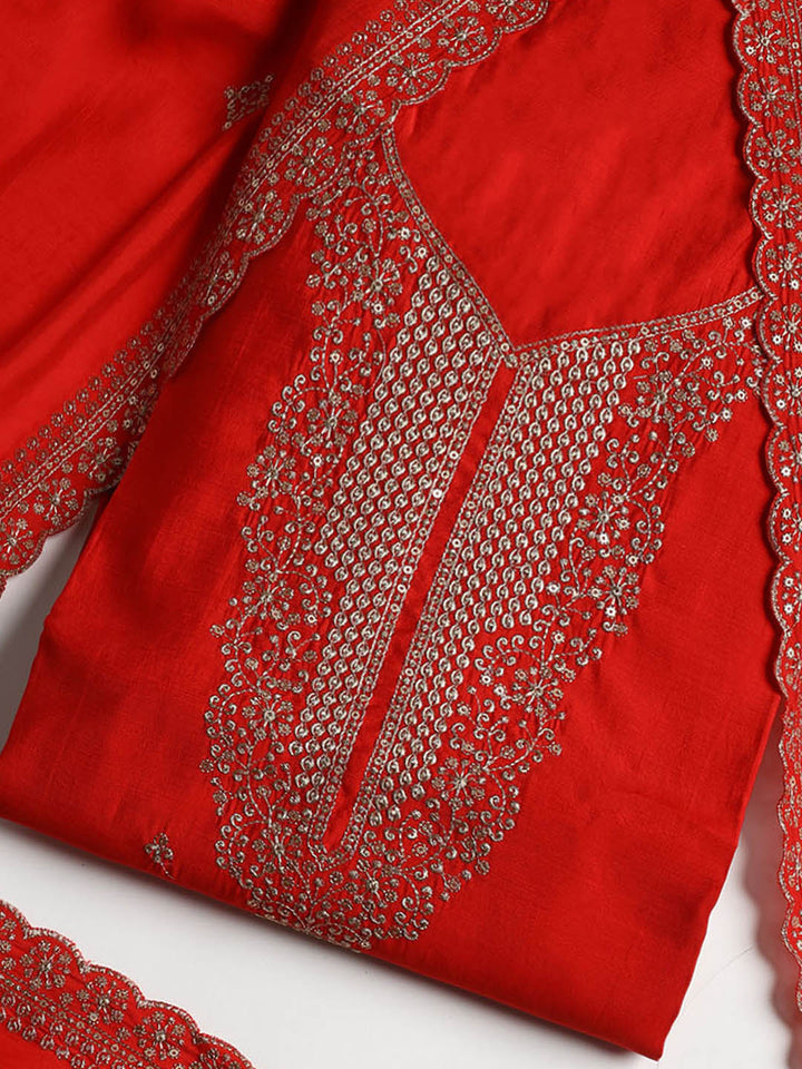 Neck Embroidered Chanderi Unstitched Suit With Dupatta