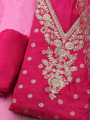 Embroidered Chanderi Unstitched Kurta With Pant & Dupatta
