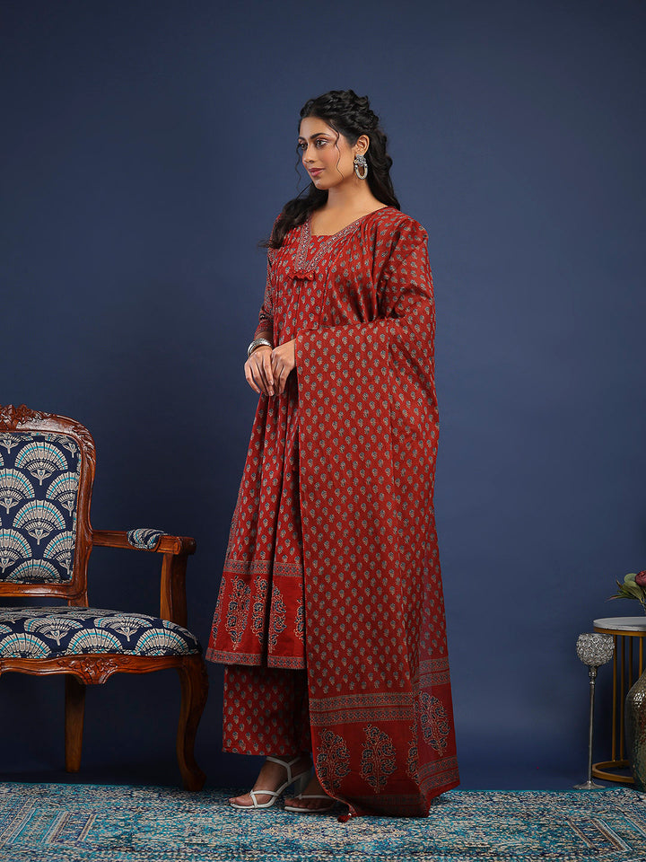 Maroon Cotton Blend Printed Straight Suit Set