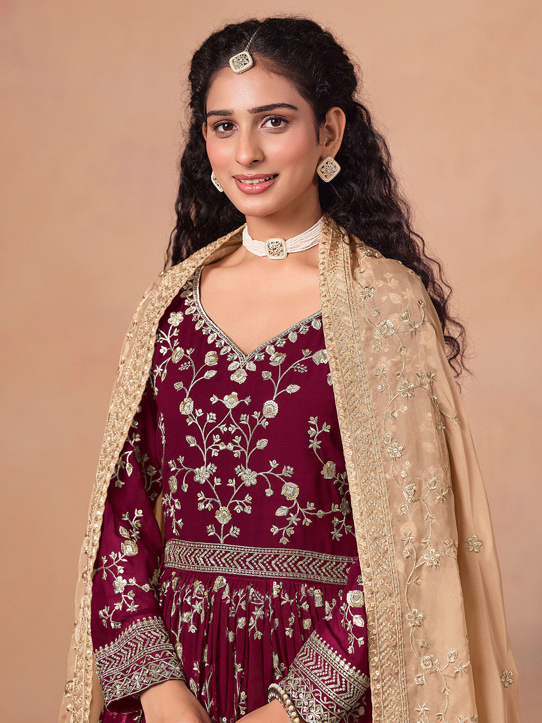 Embroidered Georgette Semi Stitched Kurta With Pant &amp; Dupatta