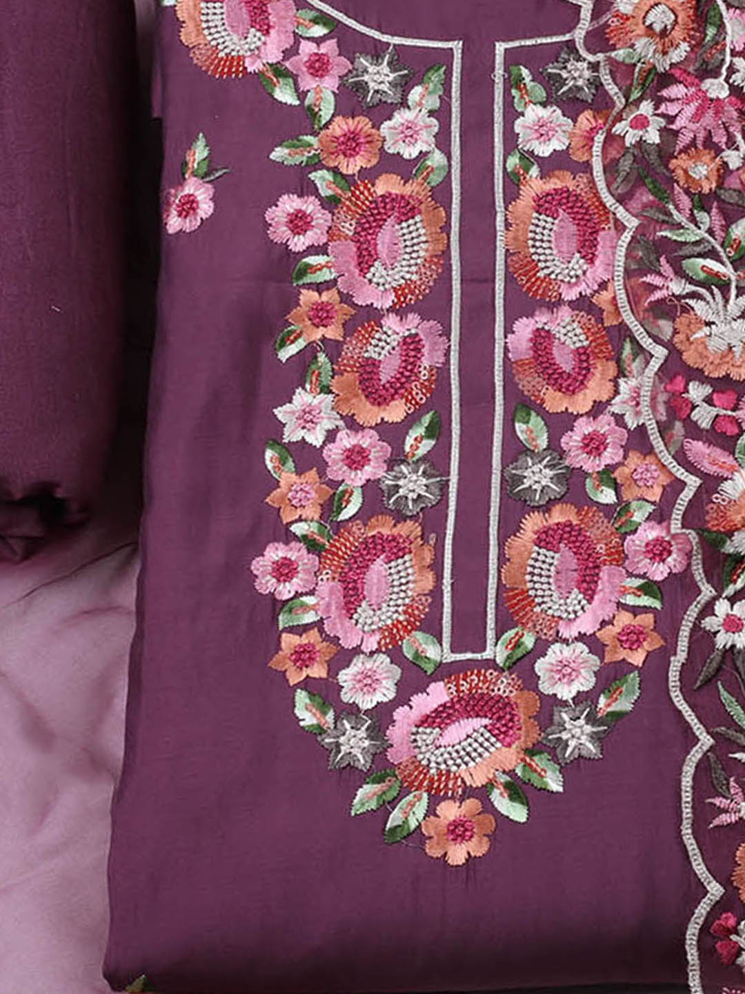 Embroidered Chanderi Unstitched Suit With Pant &amp; Dupatta