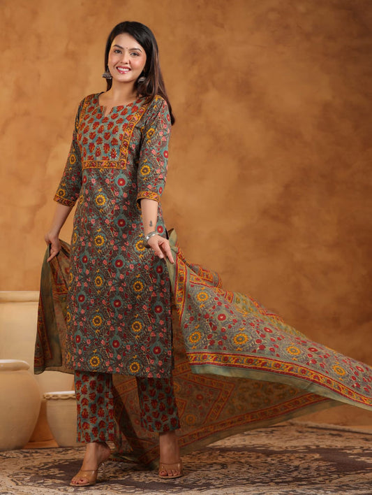 Printed Cotton Blend Kurta With Pants & Dupatta