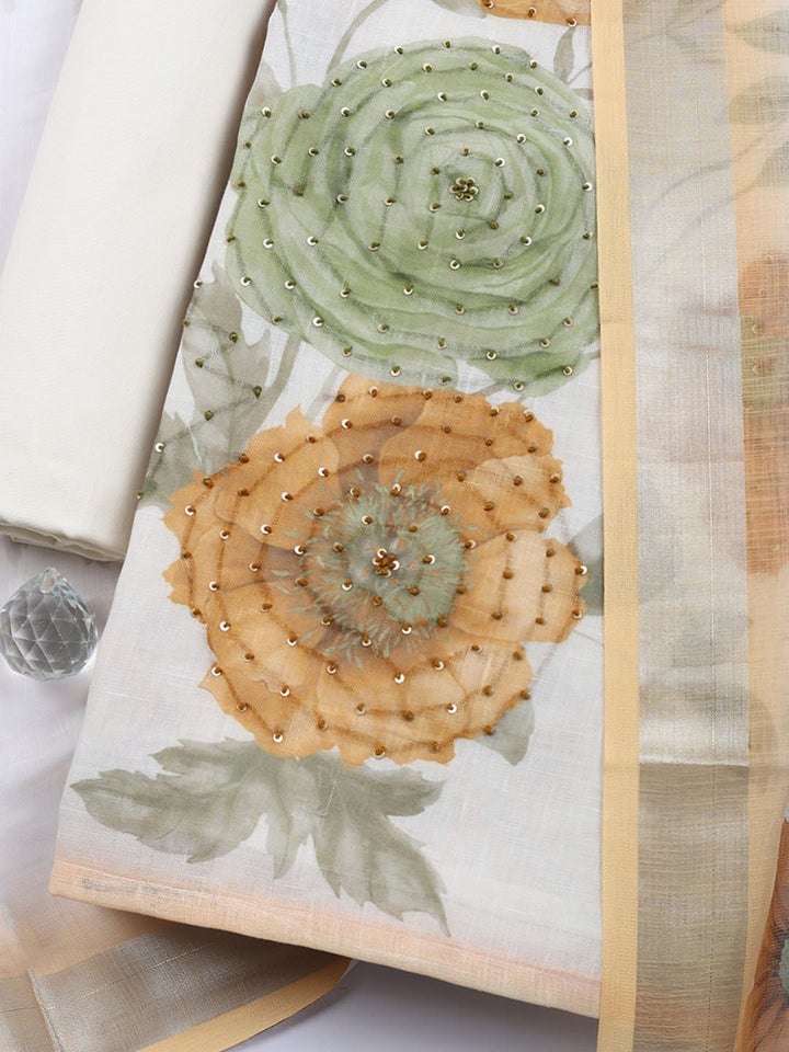 Printed Linen Blend Unstitched Suit With Pant &amp; Dupatta