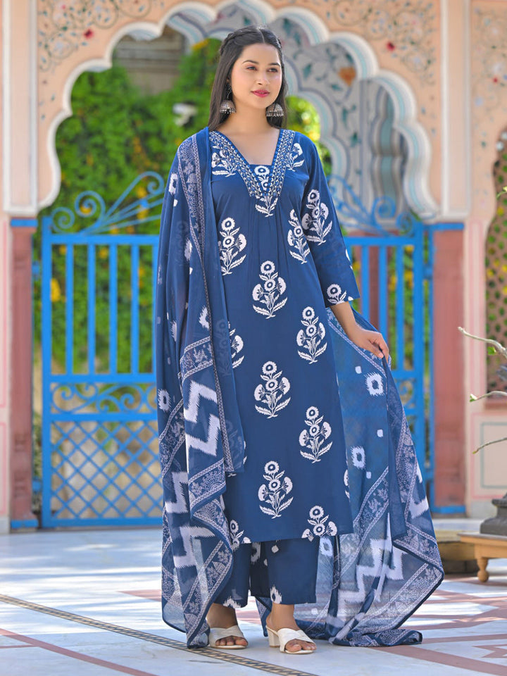 Floral Printed Cotton Kurta With Pants &amp; Dupatta