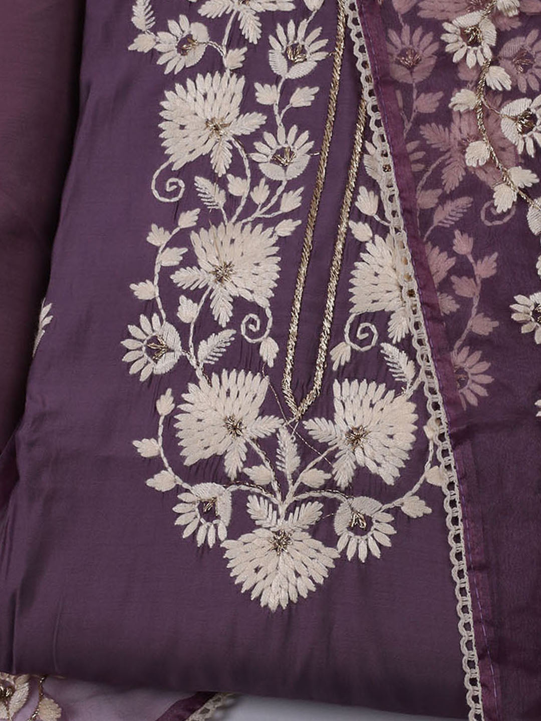 Neck Embroidered Chanderi Unstitched Suit With Dupatta
