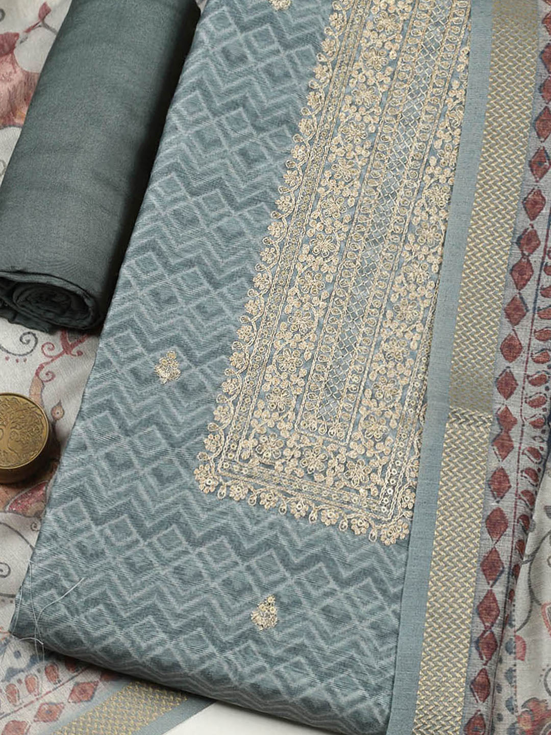 Embroidered Chanderi Unstitched Suit With Pant &amp; Dupatta