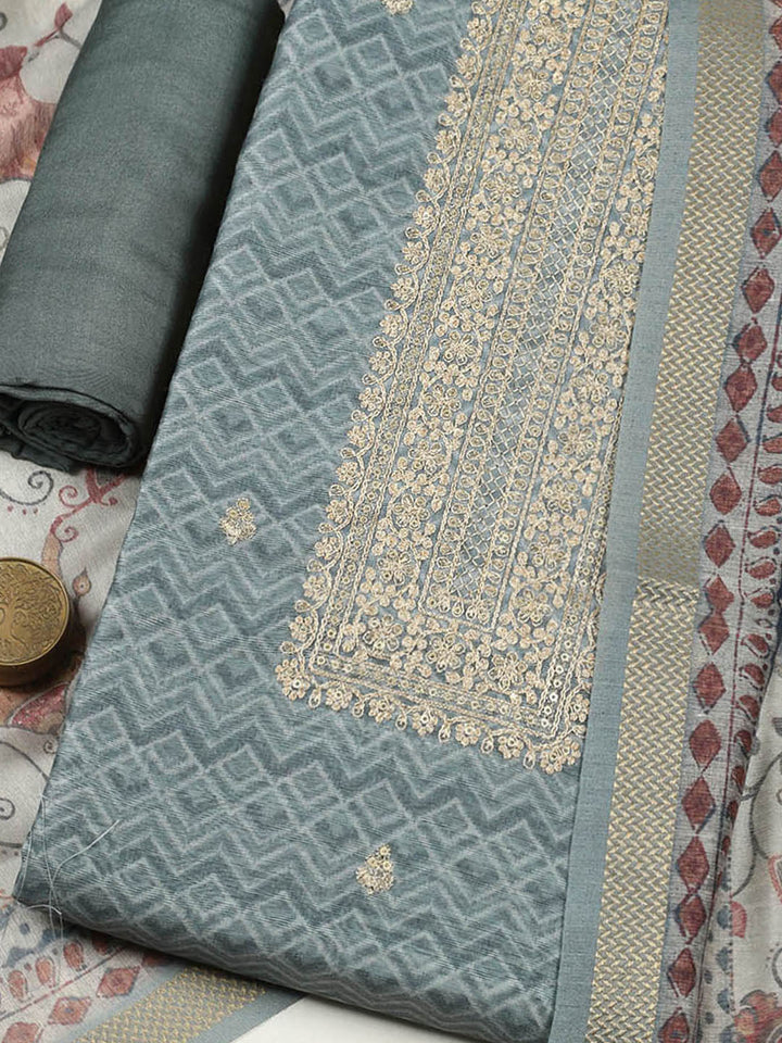 Embroidered Chanderi Unstitched Suit With Pant &amp; Dupatta