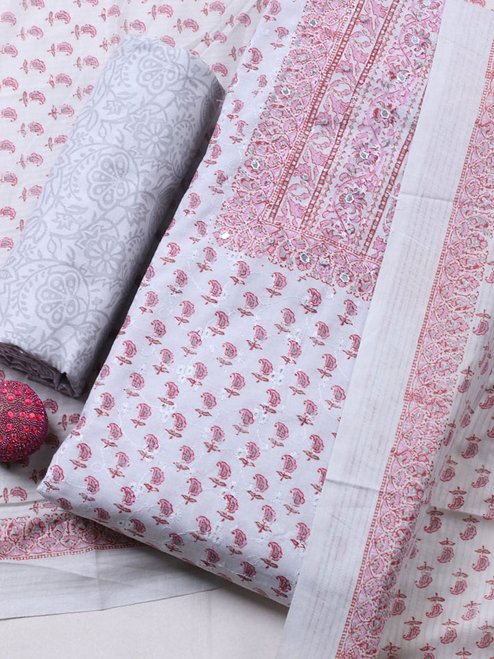 Printed Cotton Blend Unstitched Suit With Pant &amp; Dupatta