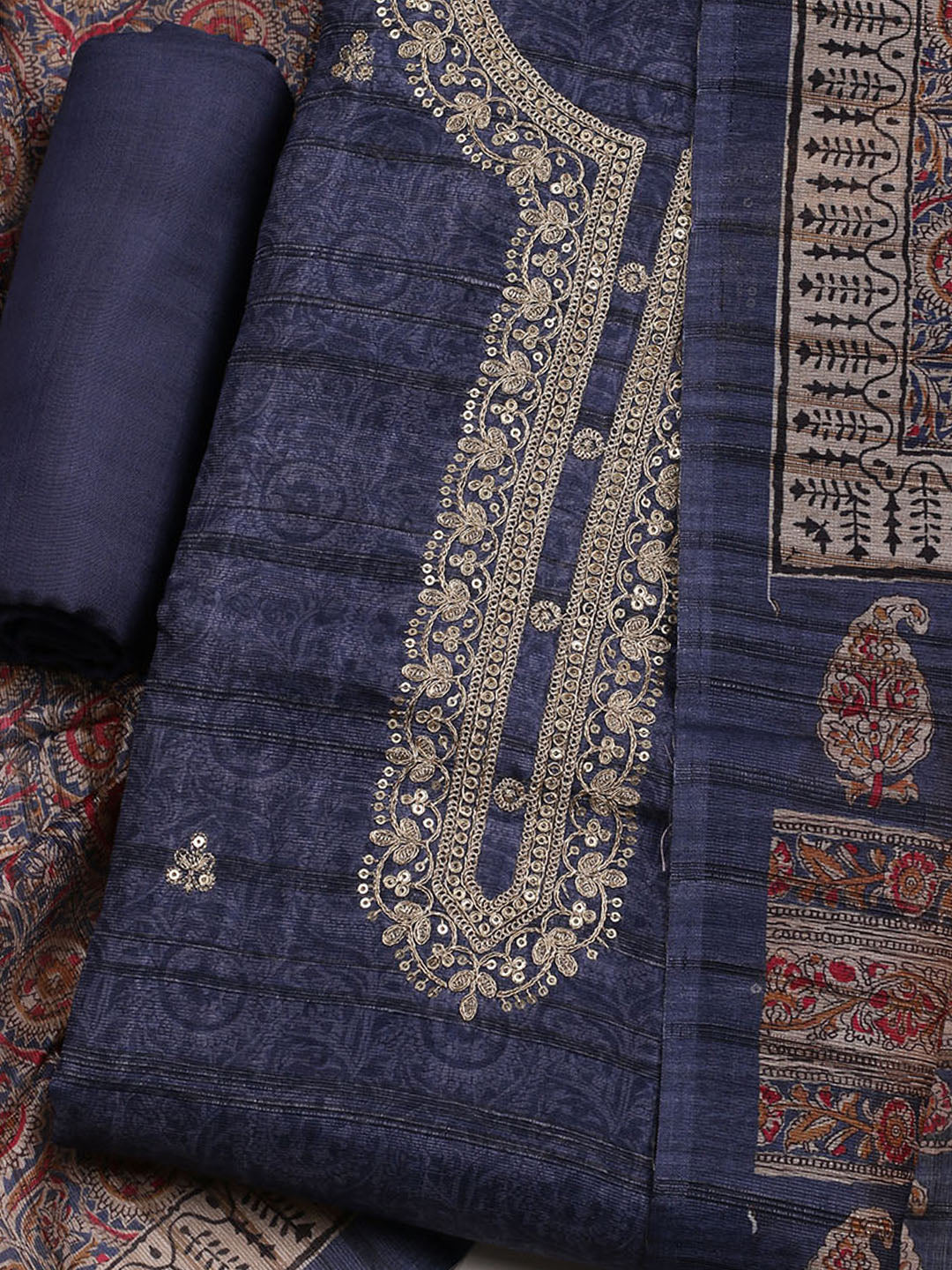 Embroidered Art Silk Unstitched Suit With Dupatta