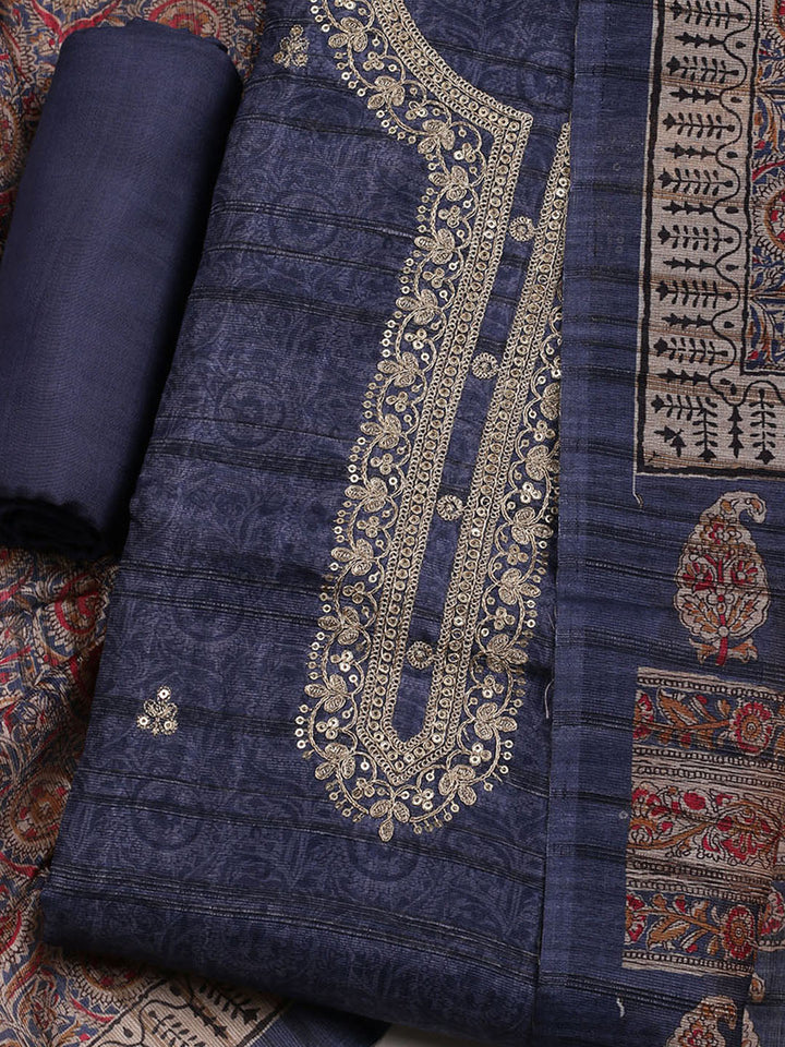 Embroidered Art Silk Unstitched Suit With Dupatta