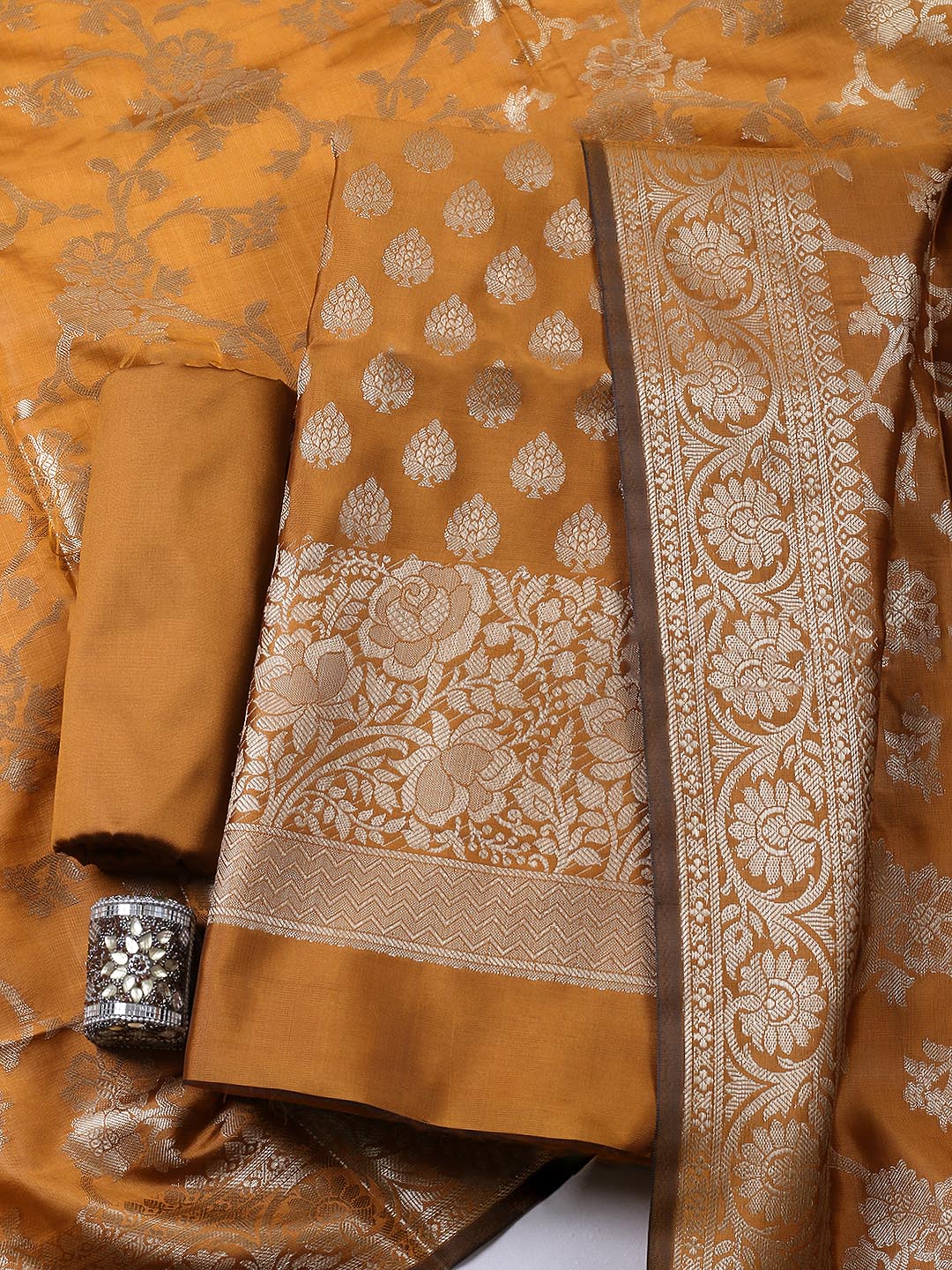 Banarasi Chanderi Unstitched Suit With Pant &amp; Dupatta