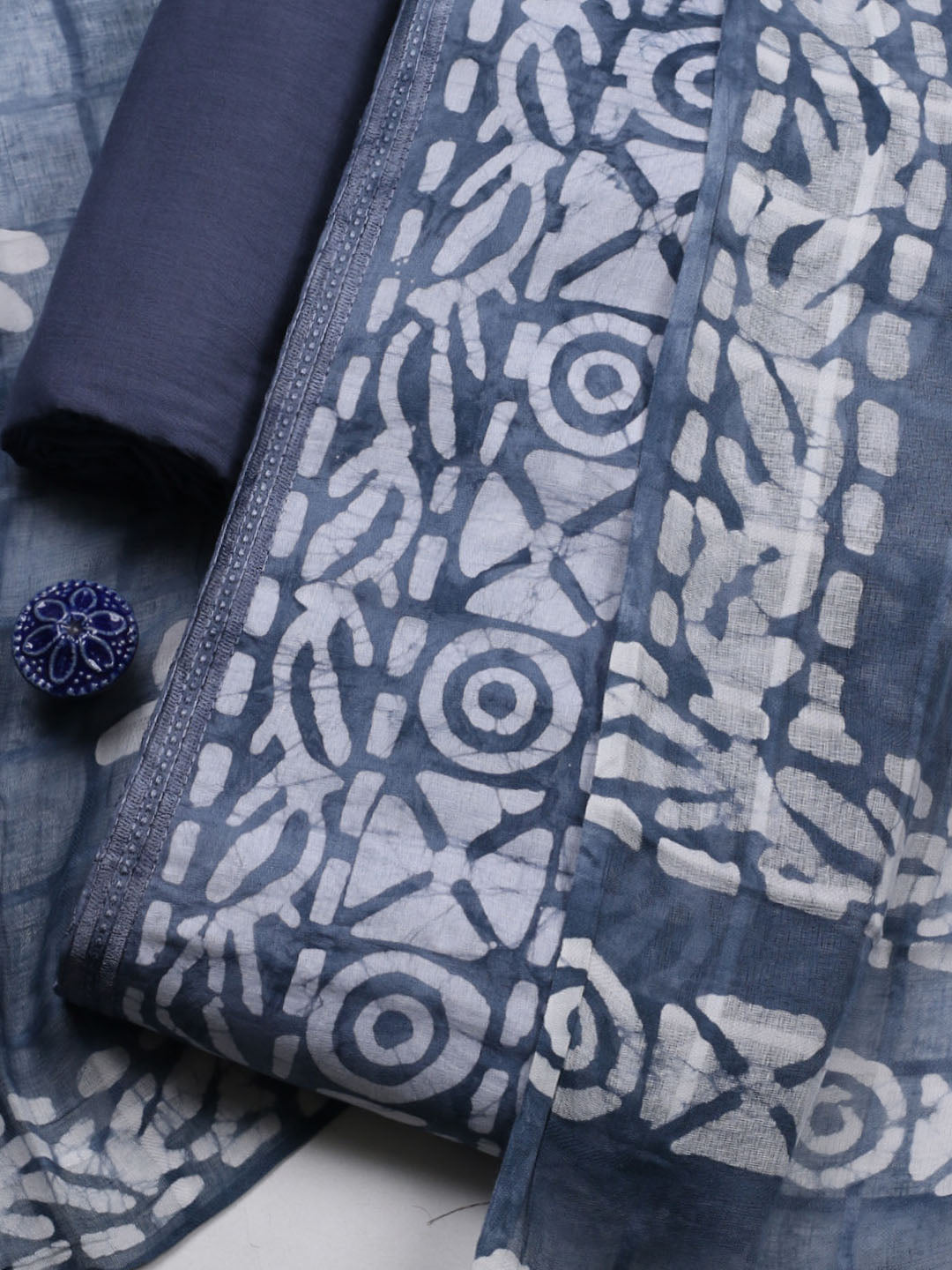 Printed Cotton Blend Unstitched Suit With Pant &amp; Dupatta