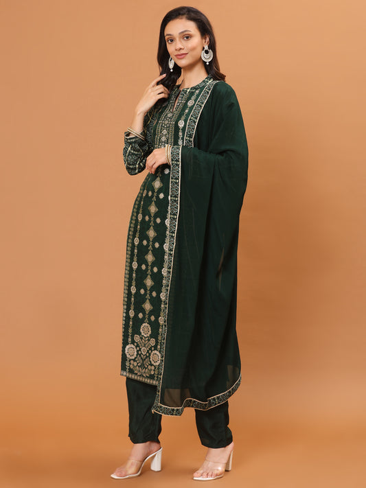 Banarasi Printed Embroidery Kurta With Pants & Dupatta