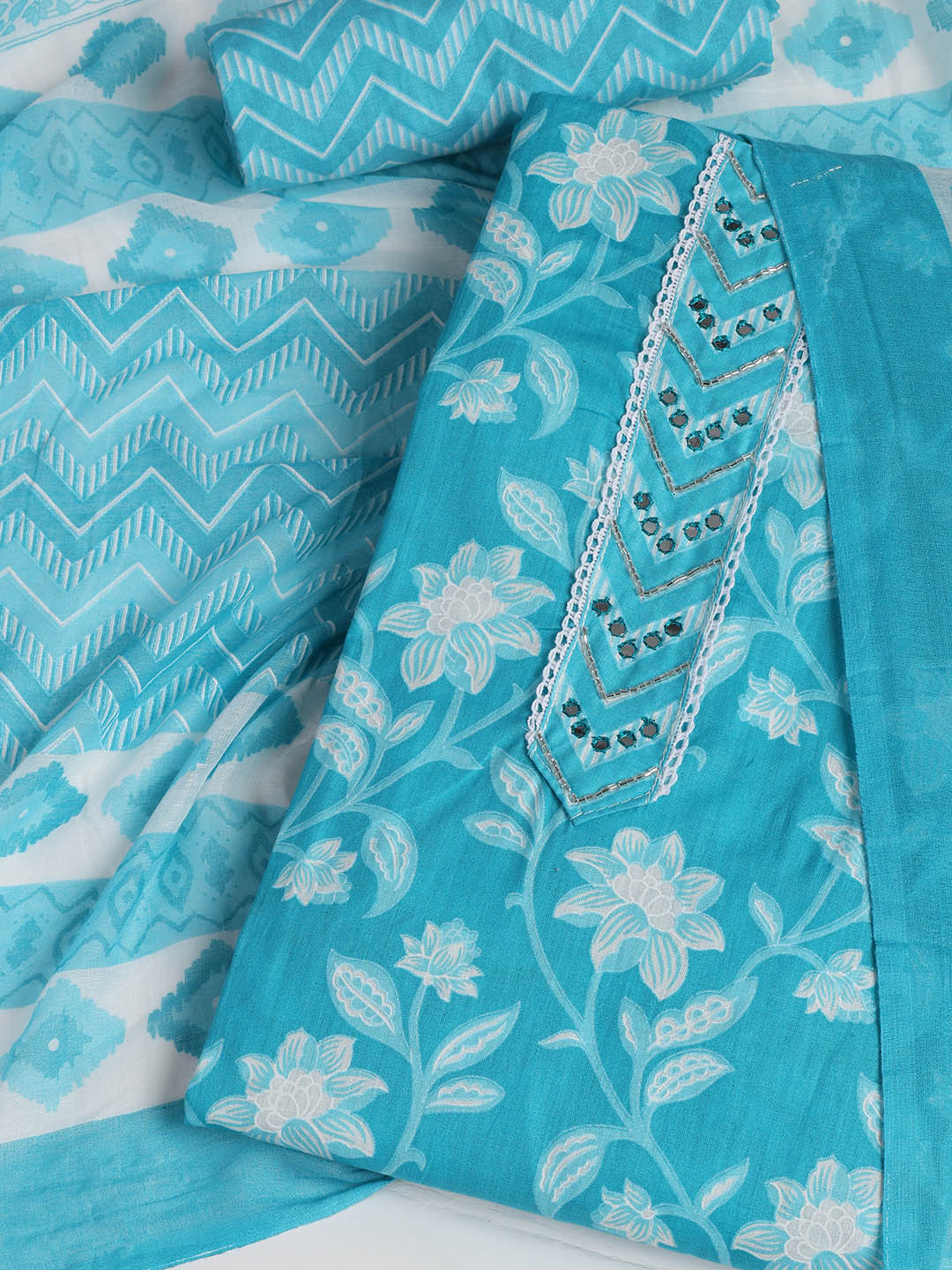 Printed Cotton Blend Unstitched Suit With Dupatta