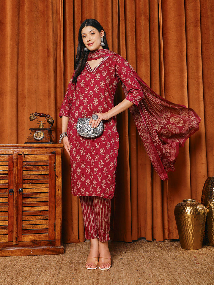 Printed Cotton Blend Kurta With Pants &amp; Dupatta