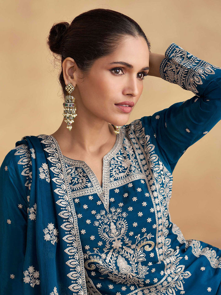 Embroidered Chinon Silk Kurta With Plazzo &amp; Dupatta