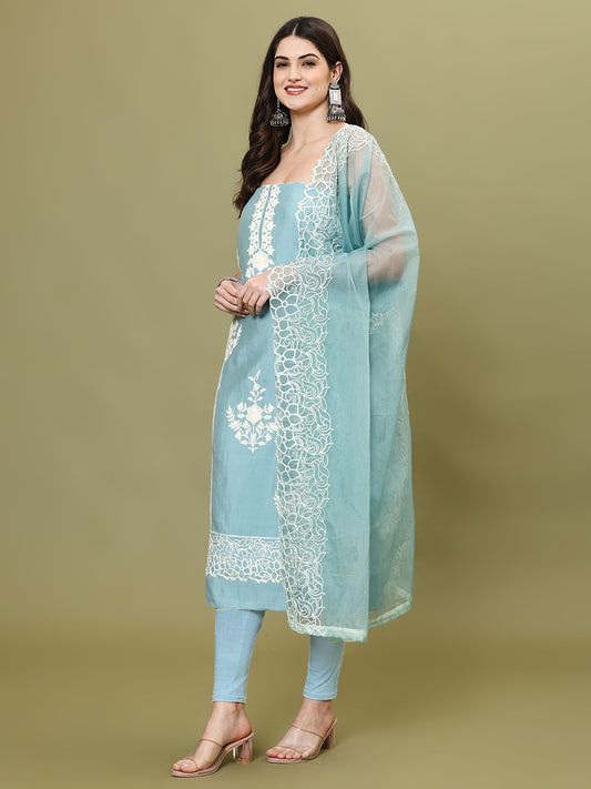 Neck Embroidered Chanderi Unstitched Suit Piece With Dupatta