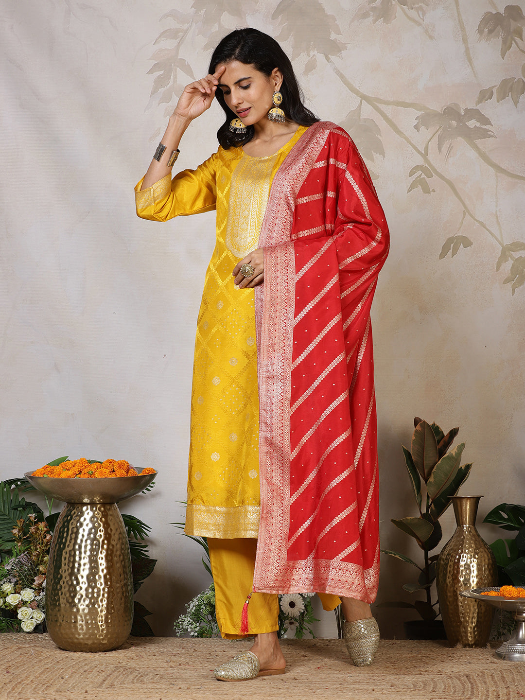Banarasi Weave Tissue Kurta With Pants & Dupatta