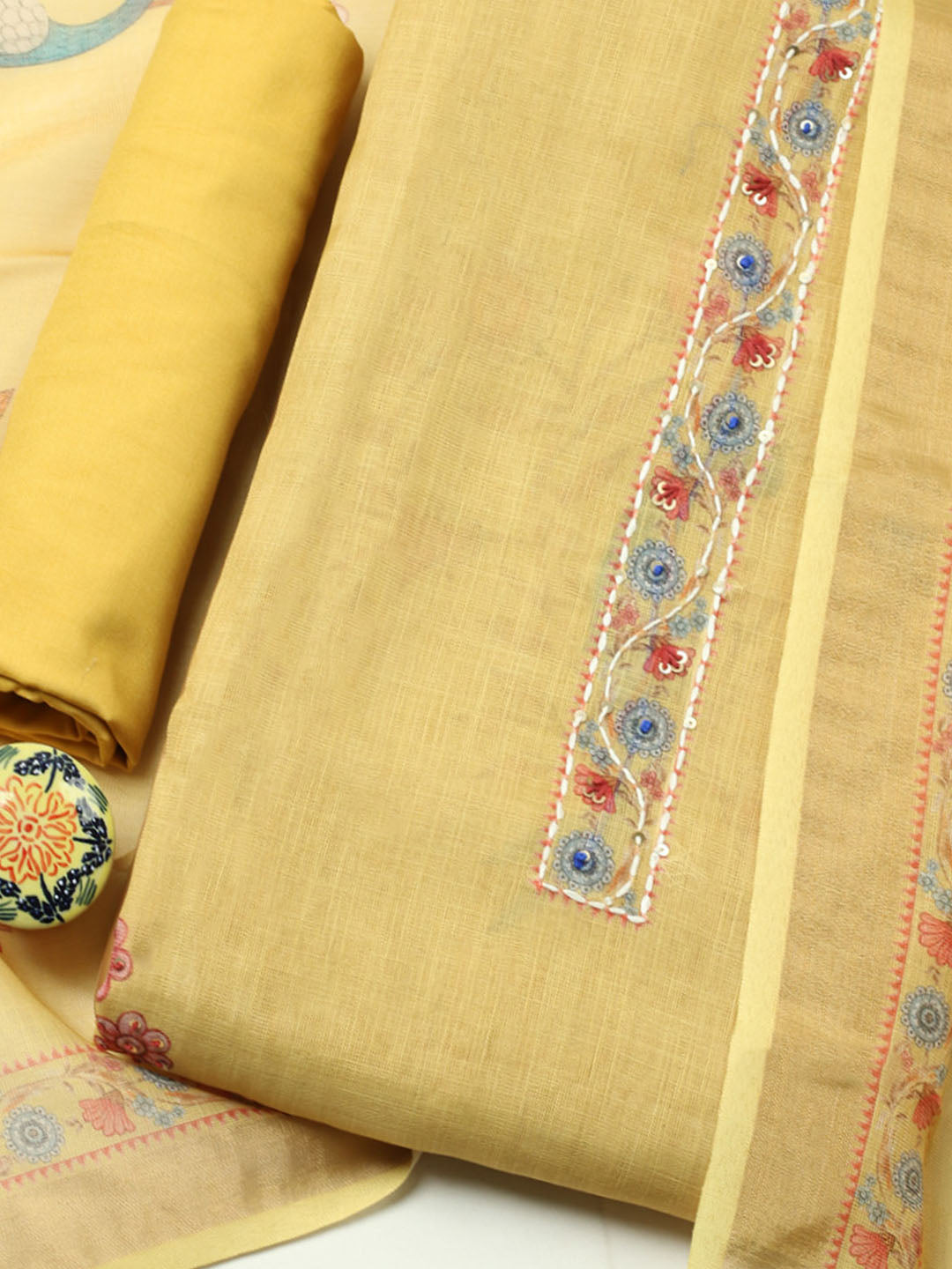 Embroidered Cotton Blend Unstitched Suit With Pant &amp; Dupatta