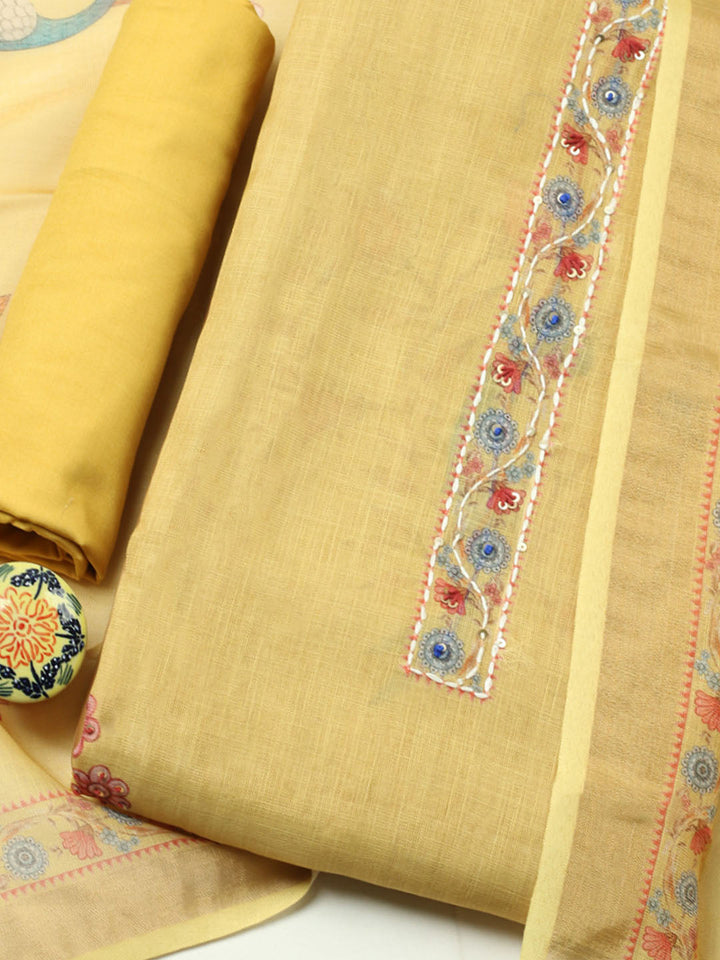 Embroidered Cotton Blend Unstitched Suit With Pant &amp; Dupatta