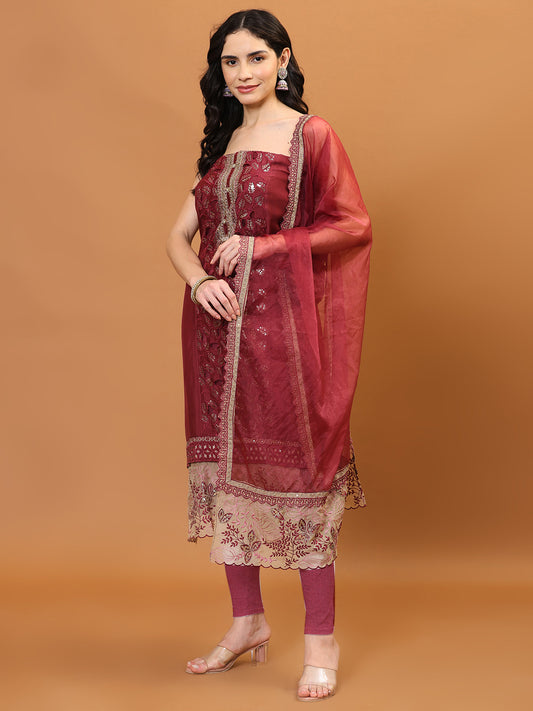 Neck Embroidered Organza Unstitched Suit Piece With Dupatta