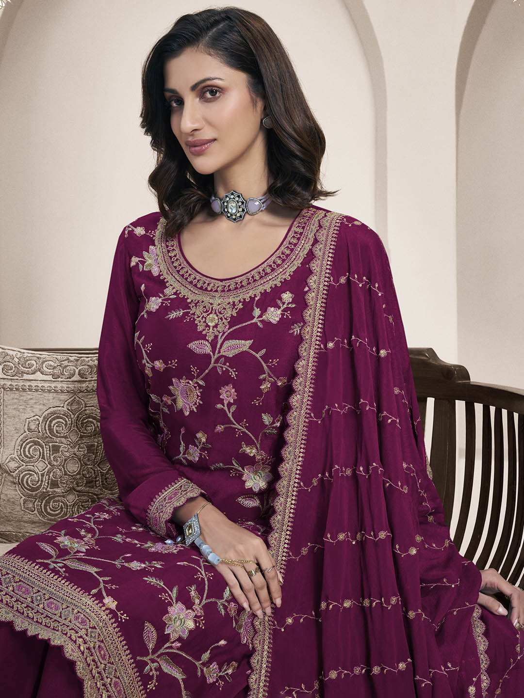 Embroidered Chinon Unstitched Suit With Pant &amp; Dupatta