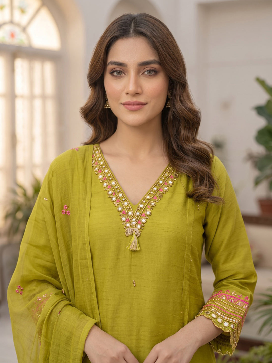 Mustard Embroidred Chanderi Kurta With Pant &amp; Dupatta