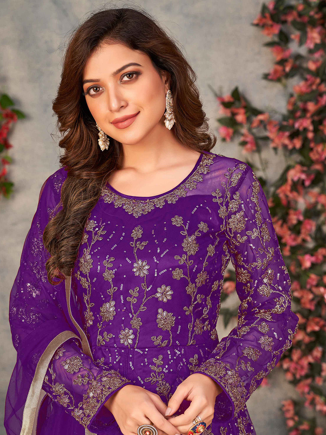 Embroidered Net Semi Stitched Kurta With Pant &amp; Dupatta