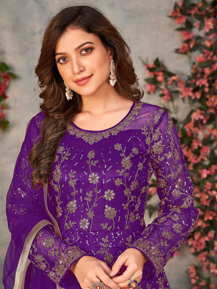 Embroidered Net Semi Stitched Kurta With Pant &amp; Dupatta