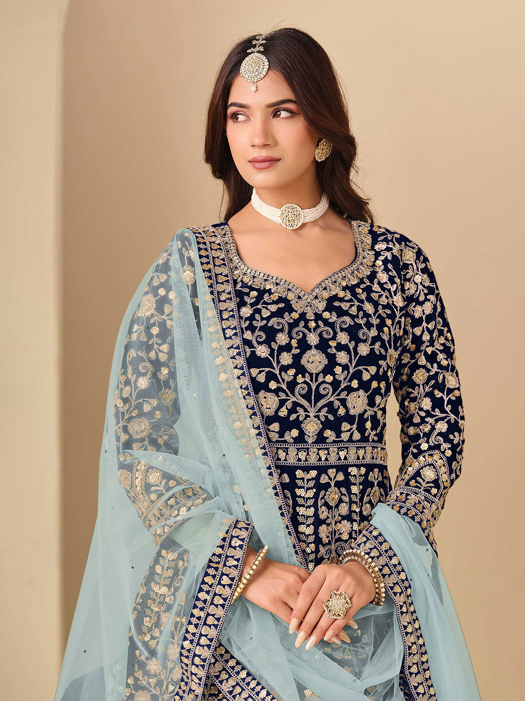 Embroidered Velvet Semi Stitched Kurta With Pant &amp; Dupatta