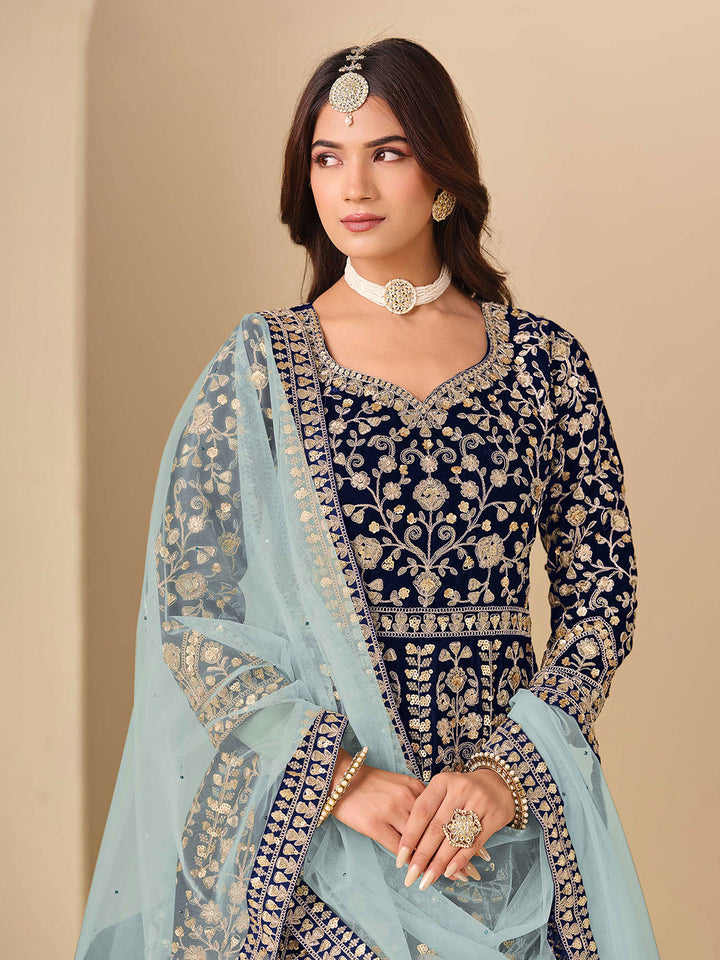 Embroidered Velvet Semi Stitched Kurta With Pant &amp; Dupatta