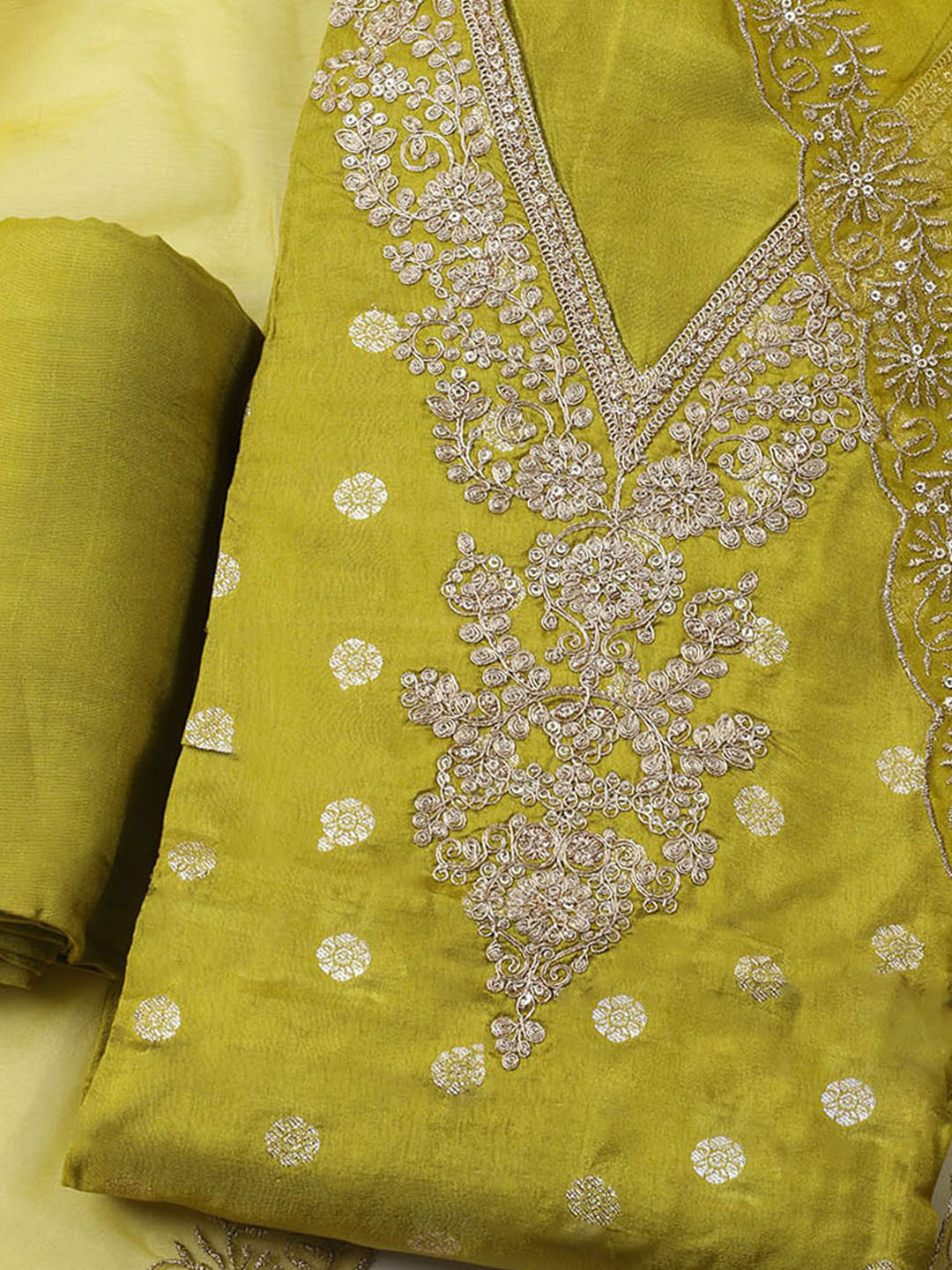 Embroidered Chanderi Unstitched Kurta With Pant &amp; Dupatta