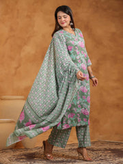 Printed Cotton Blend Kurta With Pants & Dupatta