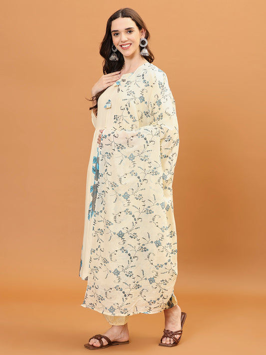 Floral Printed Cotton Kurta With Pants & Dupatta