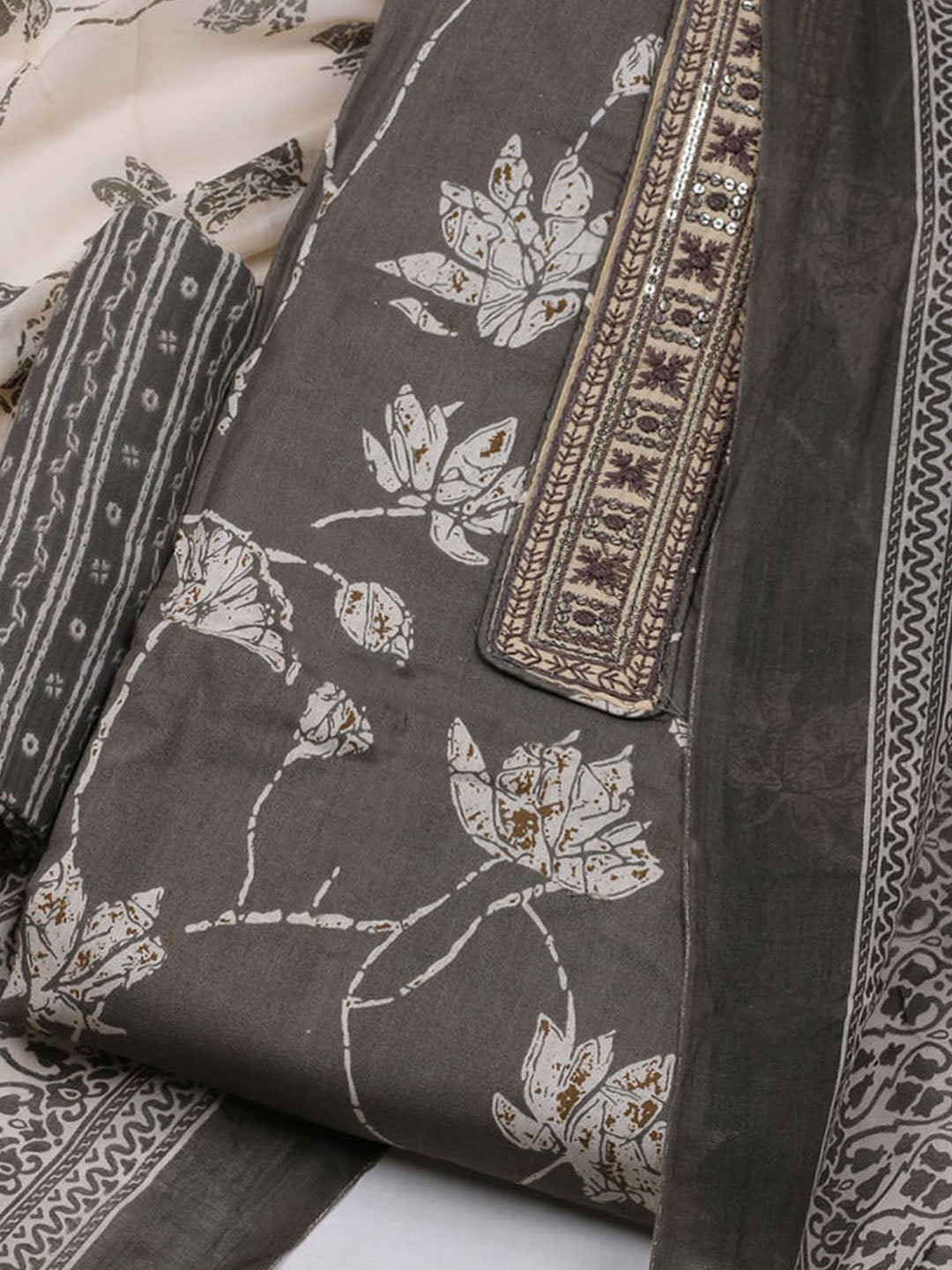 Printed Cotton Blend Unstitched Suit With Dupatta