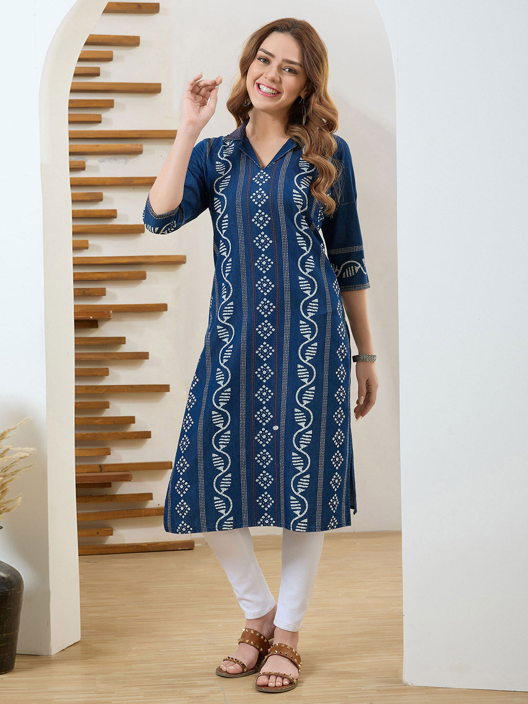 Neck Embroidered Denim Kurta